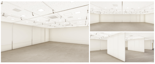 左から、全景斜めから　全景正面から　移動式展示パネル